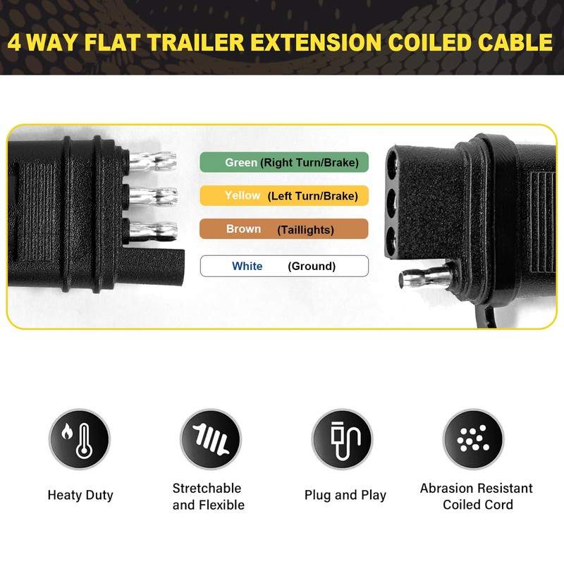 WALSIO 4 Way Flat Trailer Extension Coiled Cable, 4 Pin