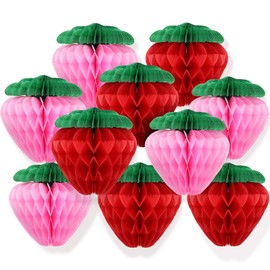 Skylety 10 Pieces 6 Inch Paper Strawberry Honeycomb Ball Tissue Paper Strawberry Ball for Birthday Party Decoration(Red and Pink)