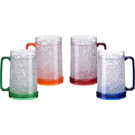 Doytn Double Wall Gel Frosty Freezer Ice Mugs Clear 16oz Set of 4 (Blue, Red, Orange and Green)