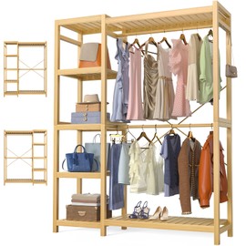 Homykic Bamboo Clothes Rack Garment Rack for Hanging Clothes, Heavy Duty Clothing Rack with 7 Tiers Adjustable Shelves, Double Rods, 4 Hooks, Freestanding Closet System Organizer Wardrobe, Natural