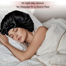 Silk Bonnet Satin Bonnet for Sleeping Large Bonnets with Tie Band Hair Wrap with Adjustable Straps Hair Cap for Women Black