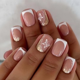 YoYoee Short Square Press on Nails French Glitter Fake Nails Acrylic Cute Butterfly False Nails Full Cover Nails Tips for Women and Girls 24Pcs