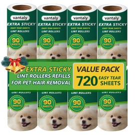 Vantaly Extra Sticky Lint Roller Refills,Fits Most 3.9"-4" Standard Size Lint Roller with Inner Diameter at 1.5", 8 Pack with 720 Sheets Total, Pet Hair Remover for Clothes, Car, Furniture