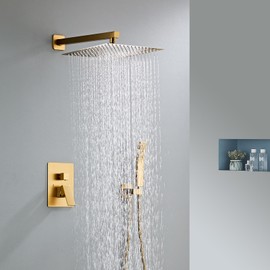 SaniteModar Brushed Gold Shower Head System 12 Inch Square Rainfall Shower Head with Handheld Shower Vaval and Trim Kit Wall Mounted Shower Faucet Set, Brushed Gold Shower Head