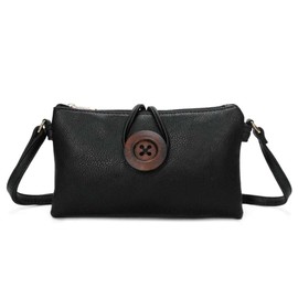 Womens Wallet Bag Big Button Double Compartment PU Leather Handbag Shoulder Crossbody Bag - Black
