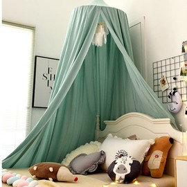 Surwin Bed Canopy for Girls Boys Kids Single Double Bed, Solid Color Round Dome Bed Canopy Mosquito Net Protection Canopy Play Tent Bedroom Nursery Decoration Hanging Curtain Net (Dark Green)
