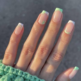 Spring Press on Nails Medium Square Fake Nails Green French Tip Acrylic Glue on Nails Cute False Nails with Flower Designs Reusable Artificial Nails DIY Manicure for Women Girls 24Pcs