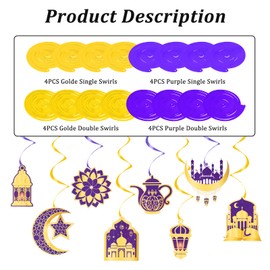 Ramadan Decorations, Kaluofan 24 PCS Eid Decorations, Foil Hanging Swirl Streams Ceiling Ramadan Decorations for Home Table, Ramadan Mubarak Decorations for Eid Party (Purple Gold Set)