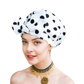 FEEZENT Shower Cap Luxury Reusable Shower Caps for Women Long Hair Upgraded version Waterproof Hair Cap Adjustable Bowknot Hair Bath Cap (WHITE)