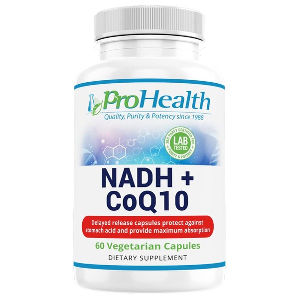ProHealth NADH + CoQ10 - NAD Booster | 60 Day Supply | Pure NADH 25 mg, CoQ10 100 mg | 60 Acid Resistant Capsules | Energy | Focus | ATP Production