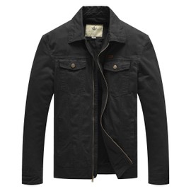 WenVen Men's Casual Cotton Jacket Canvas Military Field Jacket (B-Black,M)