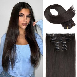 FLUFYMOOZ 6PC Clip-In Hair Extensions, 6-Piece Clip-in Hair Extension Set, 61 cm, Straight, Long, Extensions for Women, Synthetic Hairpiece (Black Brown)