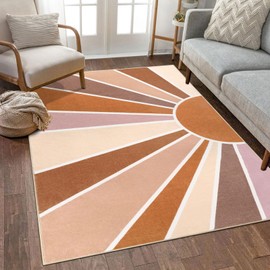 Topotdor Sun Rainbow Area Rug 4 x 6ft Boho Kids Nursery Rug, Colorful Washable Area Rug Ultra Soft Circle Classroom Rug Non-Slip for Bedroom Living Room Playroom Decor, Orange