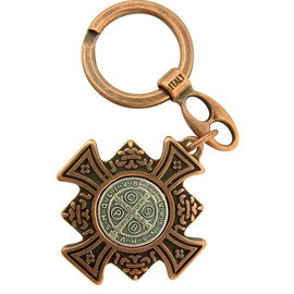 Religious Gifts Bronze and Silver Tone Saint Benedict Maltese Cross Pendant Keychain, 1 3/4 Inch
