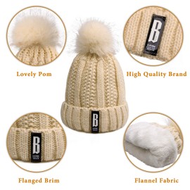 Women's Knitted Scarf Beanie Hat 2-Piece Set Fleece Lined Pom Skull Cap Scarves Soft Warm Winter Gift Set, beige