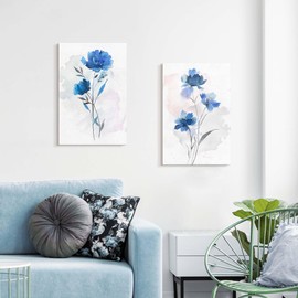 Bedroom Flower Canvas Wall Art: 2 Pieces Navy Blue Floral Prints Artwork Vintage Wildflower Bouquet Botanical Abstract Picture Painting for Living Room Bathroom Home Office