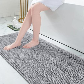 Grandaily Chenille Striped Bathroom Rugs 70x24, Extra Thick and Absorbent Bath Mats, Non-Slip Soft Plush Shaggy Shower Carpet, Machine Wash Dry, Bath Rug for Bathroom, Grey