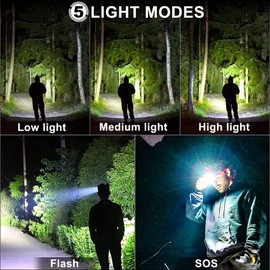 Aikertec Rechargeable LED Headlamp 100000 Lumen, Super Bright Head Lamp Flashlight with 5 Lighting Modes, IPX6 Waterproof, Zoomable Headlamp for Camping, Hiking, Fishing, Biking, Running (2 Pack)