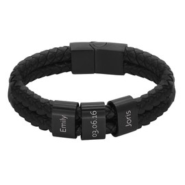 Heideman Men's Leather Bracelet Matte Black Leather Bracelet with 3 Engraving Plates Elian for Men Leather, Stainless Steel, without stone