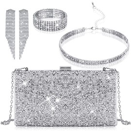 Jadive 4 Pcs Clutch Purses for Women Evening Bags Formal Rhinestone Clutch Purses Bracelet Glitter Bag Handbag Choker for Women Wedding Bridal Wedding Party Festival Gift