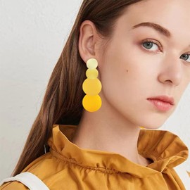 JIMARIN Bohemian Long Gradient Colorful Round Disc Dangle Drop Earrings Minimalist Vintage 70s 80s Large Painting Geometry Chandelier Stud Earrings for Women (Yellow)