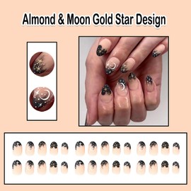ANDGING Ombre Black Press on Nails Oval Short Fake Nails with Moon Gold Star Design Almond fake nails for Women Girls Acrylic False Nails with Glue Gel stick on nail for Birthday Wedding 24Pcs