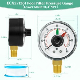 ECX271261 Pool Pressure Gauge，Boxed Pressure Gauge with Dial Replacement for Select Hayward Filter & Multiport Valve Star-Clear Plus Cartridge, PRO/HCF/Perflex Series Sand Filter Models