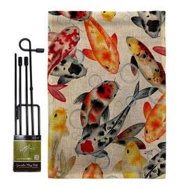 Angeleno Heritage Koi Water Burlap Garden Flag Set with Stand Animals Sea Creature Nautical Ocean Fish Outdoor Summer Marine House Decoration Banner Small Yard Gift Double-Sided, Made in USA