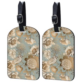 Neidius 2 Pack Luggage Tags Vintage Gold Floral PU Leather Baggage Handbag Suitcase Tags with Secure Strap Privacy Cover ID Labels,Business Travel Baggage Tag Identifier