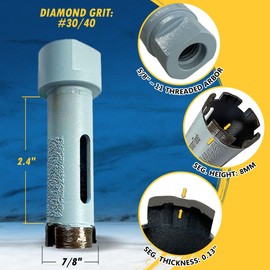 7/8" High Performance Diamond Core Bit for Natural/Engineered Stones, 2.4" Drilling Depth, Vacuum-Brazed Side Protection, 5/8"-11 Threaded Arbor