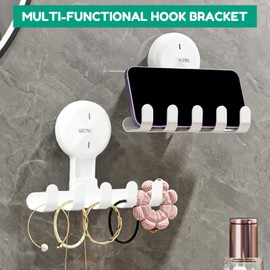 RIKONDA White Suction Cup Shower Hooks - 2 Pack Damage-Free Bathroom Razor Holder for Towels, Loofahs, Squeegees, No Drill Wall Hooks with 5kg Weight Capacity, Reusable & Multi-Purpose