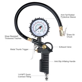 Adiwo Tyre Pressure Gauge, 220 PSI Tyre Inflator, With Rubber Hose, Valve Core Tool, Compressor Accessories, Adapter, Suitable for Compressor Car Motorcycle Bicycle Truck