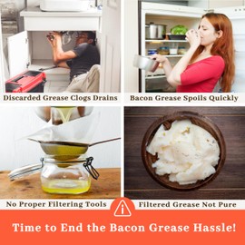 Ayerphalo Bacon Grease Container with Strainer - With Food-Grade Silicone Spatula, 46oz Large Enamel Rustic Farmhouse Fat Container, Keeper, Recipes, Dishwasher Safe