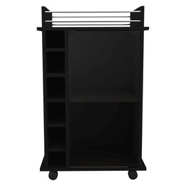 TUHOME Dukat Bar Storage Display Cabinet Cart with Wheels for Wine and Liquor with Glass Door, 2 Shelves, and 6 Cubbies in Black