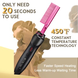 NICEMOVIC Ceramic Heating Hair Straightener Comb - Hot Pressing Brush for Natural Black Hair, Beard Wigs, and Curling (Pink)