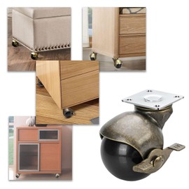 2 Inch Antique Brass Ball Casters with Brake - Set of 4 Heavy-Duty Swivel Plate Casters, Vintage Furniture Wheels for Sofa, Cabinet, Kitchen Cart