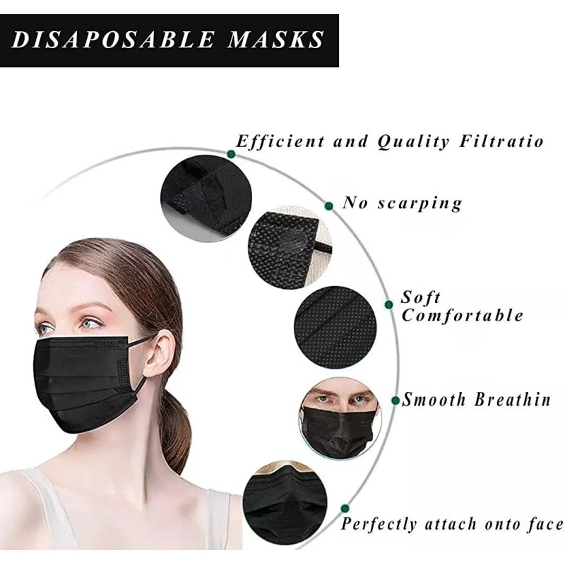 Boihedy Black Face Masks, 100pcs Disposable Face Mask For Adult,