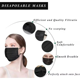 Boihedy Black Face Masks, 100pcs Disposable Face Mask For Adult, 3 P