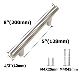 Aimyoo Cabinet Handles - Pack of 30 Stainless Steel Hollow Tube T Bar Drawer Pulls Cupboard Knob for Kitchen Furniture Hardware (Overall Length: 8", Hole Center: 5")