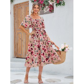 Amegoya Women's Flowy Summer Boho Floral Midi Dress Casual Square Neck Smocked Cottagecore Dress (Pink Floral L)