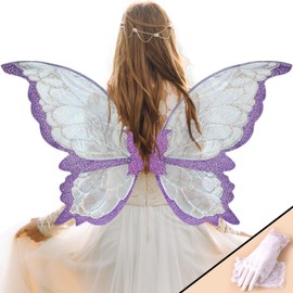 YKW Fairy Wings for Adults with Gloves, Large Butterfly Wings,Glitter Costume Wings for Photography Stage Performance Props Girls Dress Up Accessories(Purple)
