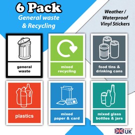 Recycling General Waste Trash - wheelie Bin Stickers - 6 Pack Waterproof Weatherproof Sunresistant - 110mm x 90mm - For Trash & waste Organization