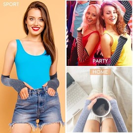 6 Pairs Long Fingerless Gloves for Women Knit High Striped Arm Warmer Thumb Hole Stretchy Gloves (Multiple colors, One size)