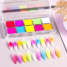 FSpronail Neon Nail Pigment Set 10 Colors Ombre Nail Powder Solid Fluorescent Pigment Gradient Nail Design Extra Fine Glitter Summer Neon Nail Art Manicure Beginners - Includes 5 Sponge Sticks 1 Brush