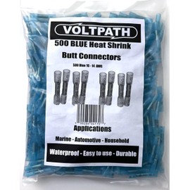 500-Pack Blue 16-14 AWG Heat Shrink Butt Connectors - Waterproof, Marine-Grade Crimp Terminals for Reliable Seals in Automotive, Boat, and Electrical Projects