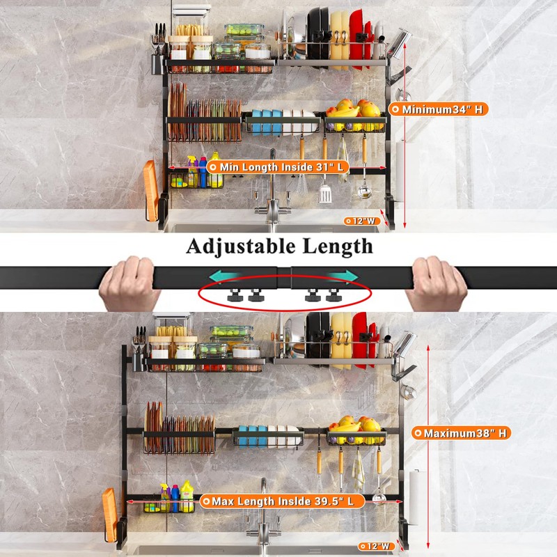 ADBIU Over Sink Dish Drying Rack (Expandable Height/Length) Snap-On Design