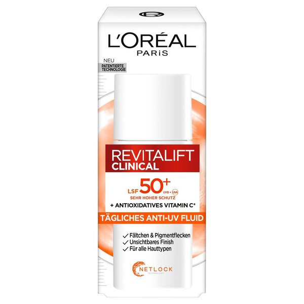 L'Oréal Paris Revitalift Clinical Face Care with SPF 50+ and Antioxidant Vitamin C, Anti-UV Fluid for All Skin Types, Against the First Signs of Ageing, 1 x 50 ml