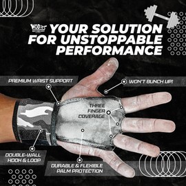 JerkFit WODies Grey Camo 3 Hole Gymnastics Grips with Wrist Support (XLarge) - Latex Free Elastic Pull Up Grip for Cross Training, WODs, Weightlifting - Workout Grips for Men Women for Palm Protection
