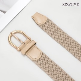 XZQTIVE Braided Woven Belt for Women Men, Beige(gold Buckle), Medium