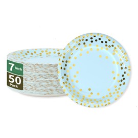 CENLBJ Blue & Gold Dots Party Paper Plates, 50 PCS Disposable Party Supplies Dessert Paper Plates for Baby Shower,Birthday Party Decorations(7 inches)